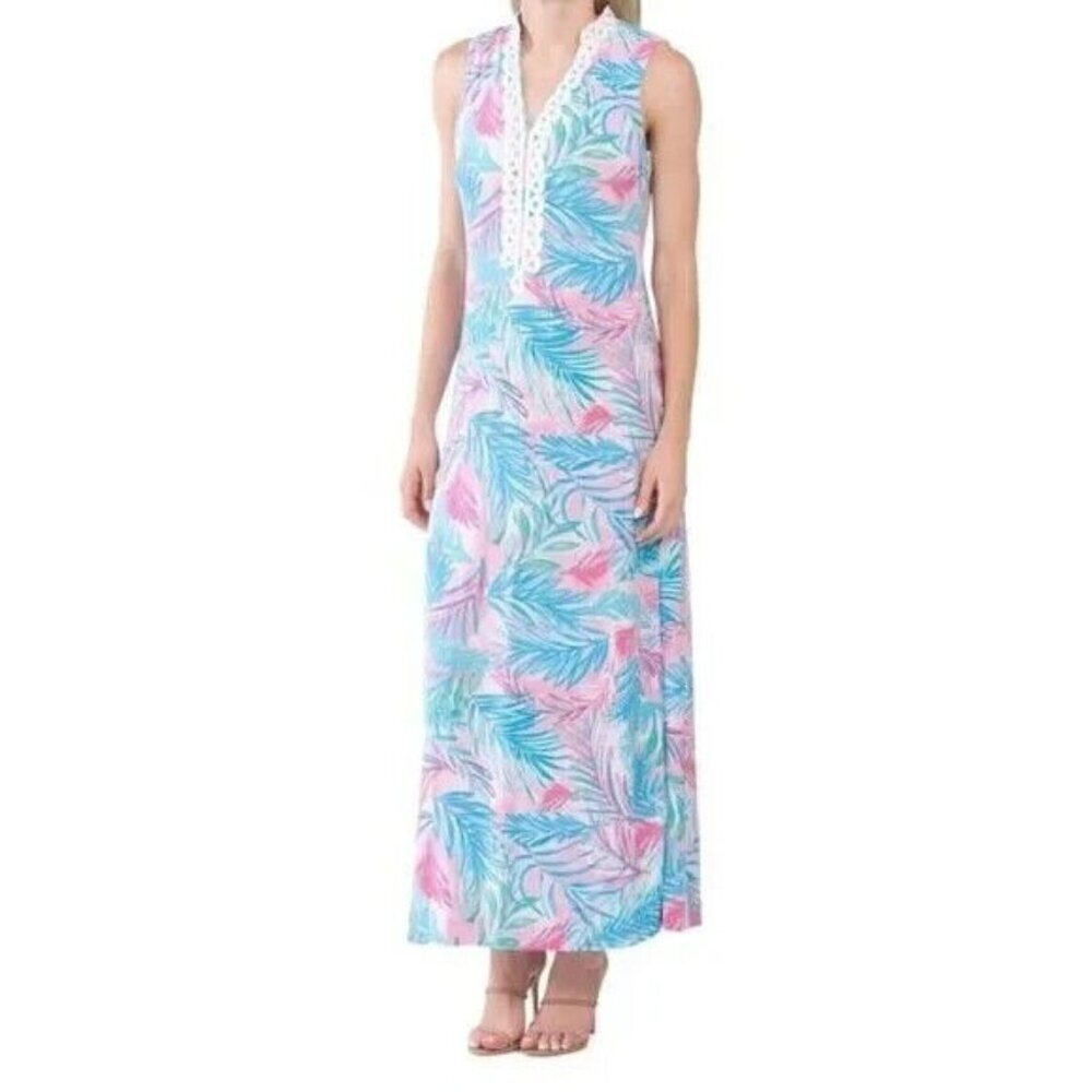 Pappagallo Sleeveless Cactus Rose Maxi Dress White Trim Boho Chic Summer NWT 8